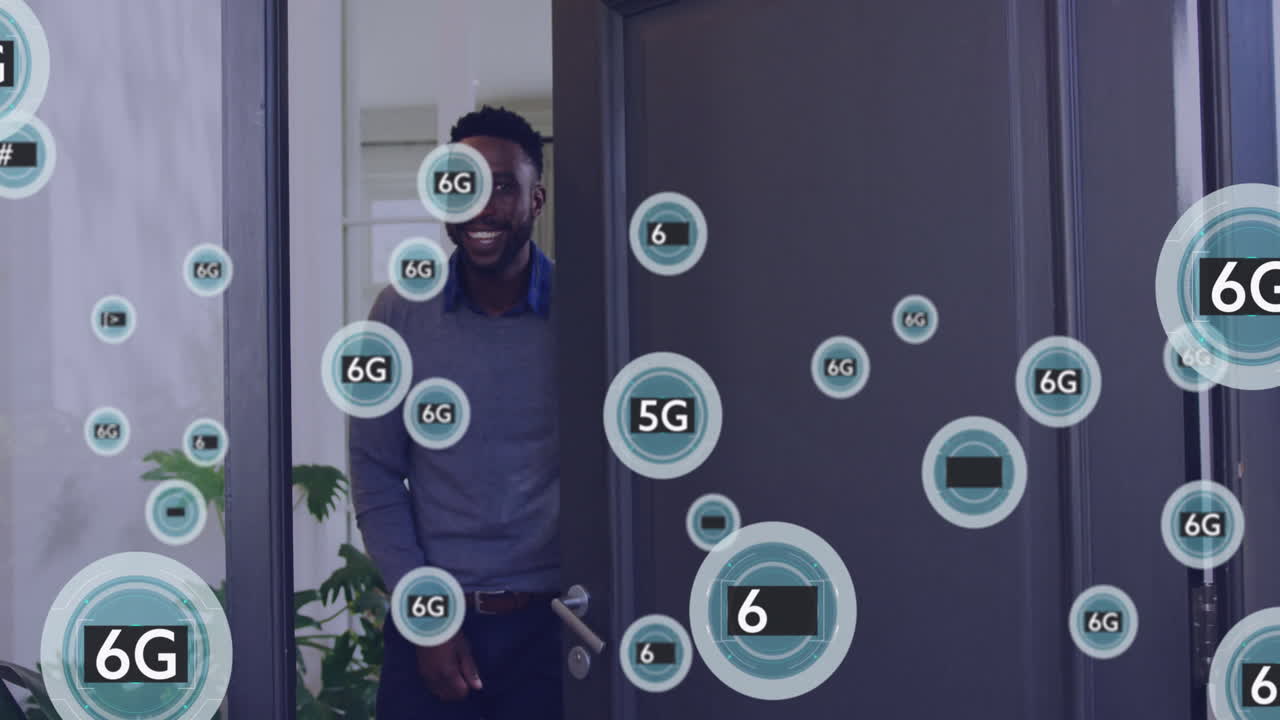 Entering room, man surrounded by floating 6G technology icons and animation
