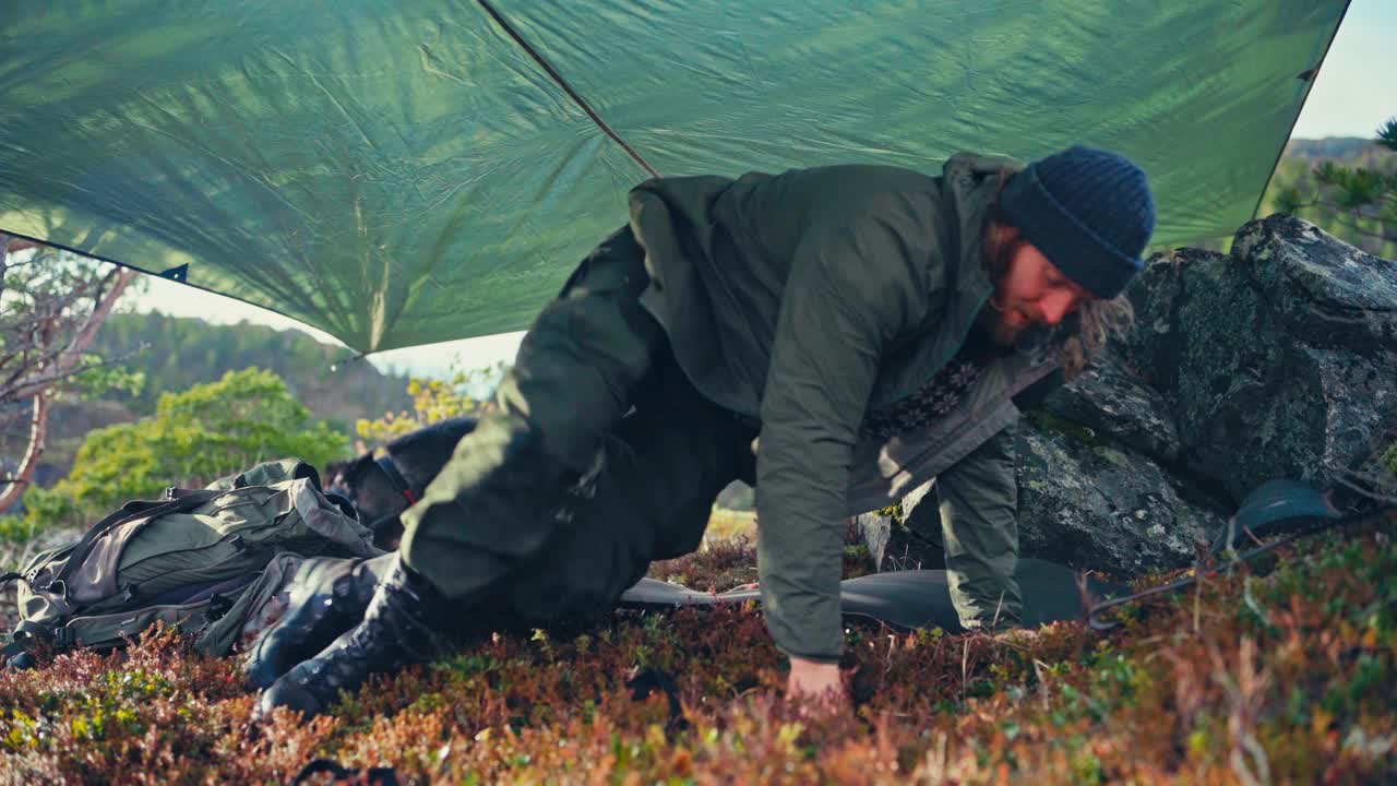 Hiker Resting During Camping In Norway - Close Up