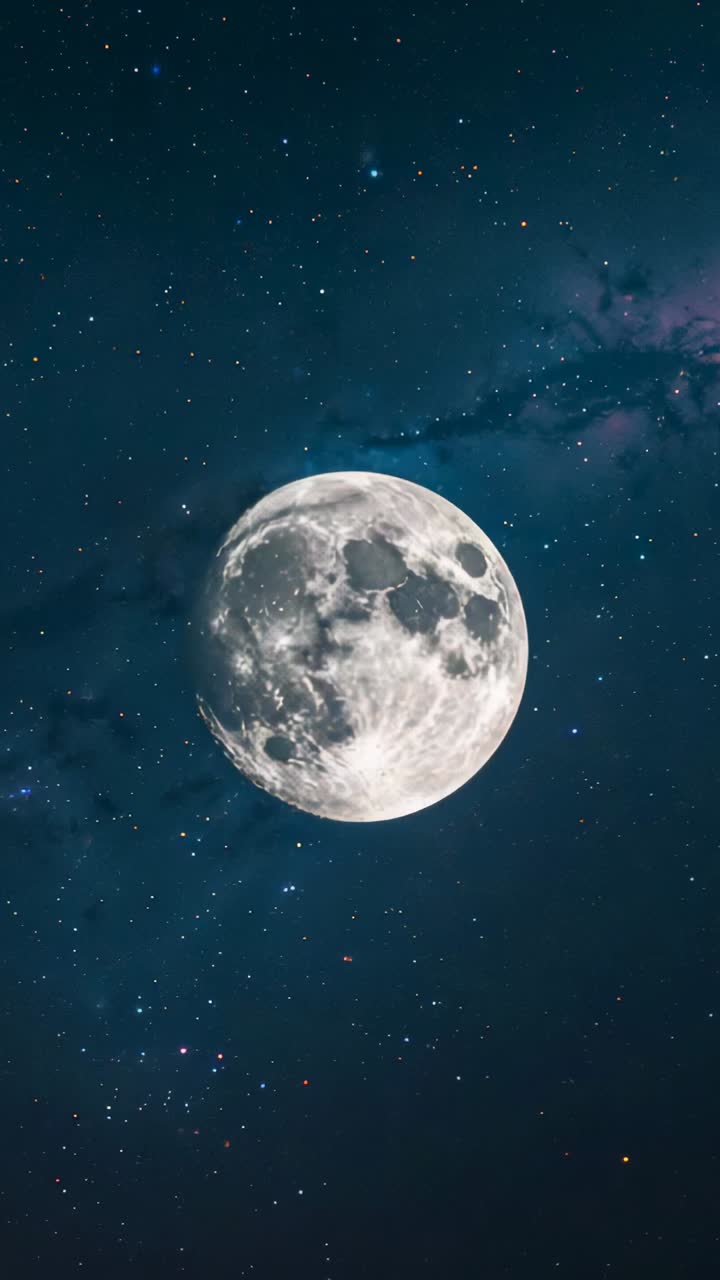 Vertical video: Playback starting Moon shifting down-left across night sky with star field nebula