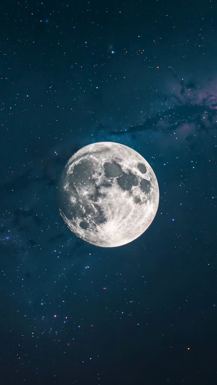 Vídeo vertical: reprodução começando com a Lua se movendo para baixo à esquerda no céu noturno com nebulosa de campo estelar