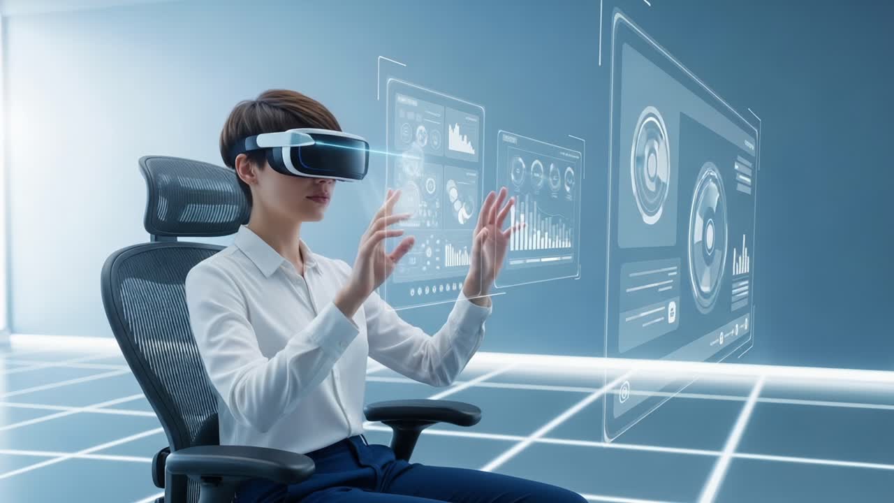 Exploring Virtual Realities: A Person Engaged in Immersive Interaction with Digital Interfaces via Virtual Reality Technology in a Futuristic Setting