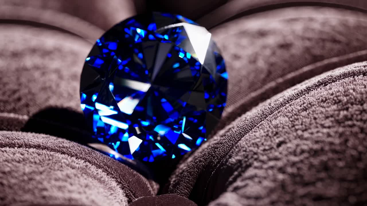 Ripresa video ravvicinata di una gemma blu scintillante su tessuto testurizzato, che ne evidenzia le sfaccettature.