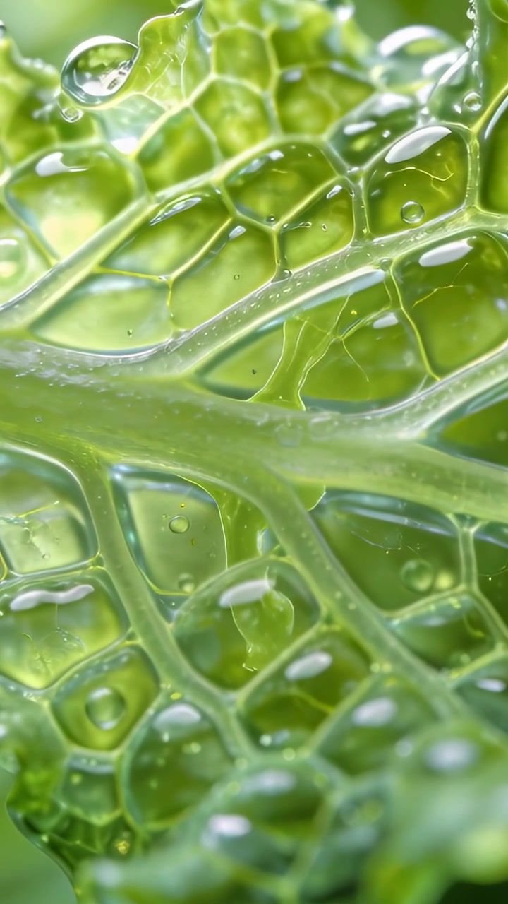 Video verticale: Messa a fuoco che cambia mostrando una singola foglia verde in macro, con gocce che scendono e un bagliore umido.