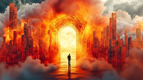 urban wanderer standing at fiery portal amidst towering skyscrapers