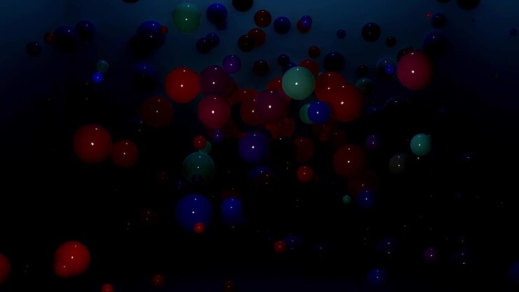 Composizione astratta di sfere colorate nell'aria, che si illuminano casualmente e si riflettono l'una nell'altra. Sfere multicolori nell'aria come semplice sfondo geometrico scuro con effetti di luce