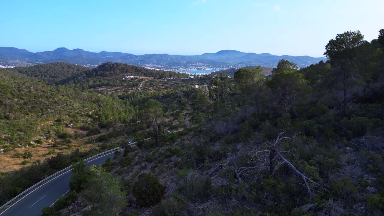 Eine sich durch einen lebendig grünen Wald auf Ibiza, Spanien, schlängelnde Straße, die hinunter zur wunderschönen Bucht von San Antonio führt. Majestätische Drohnen-Luftaufnahme im Rückwärtsflug.