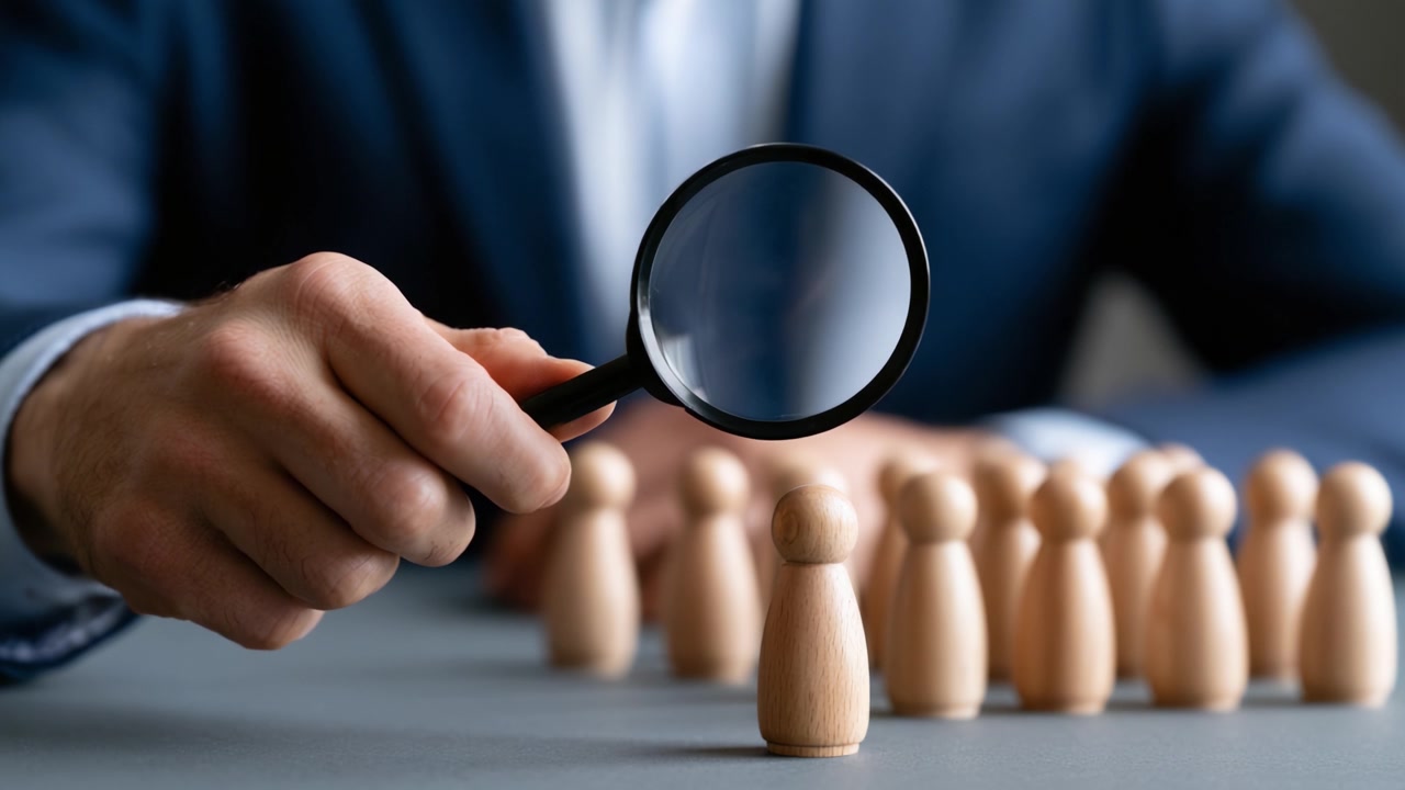 Analyzing Focused Subjects: A Close-Up View of a Person Under Inspection with a Magnifying Glass Among Several Wooden Figurines