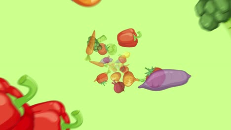colorful vegetables rotate and drift in a seamless loop, using flat vector graphics and smooth transitions against a bright green backdrop