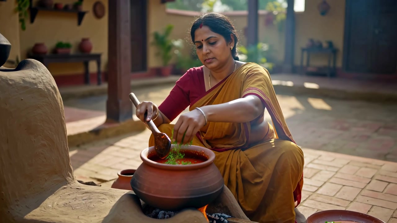 Una persona seduta all'aperto mescola ingredienti in una pentola di terracotta mentre tiene degli utensili, con erbe verdi visibili e la luce del sole che illumina le texture del cortile, le superfici terrose e una tranquilla attività di cucina.