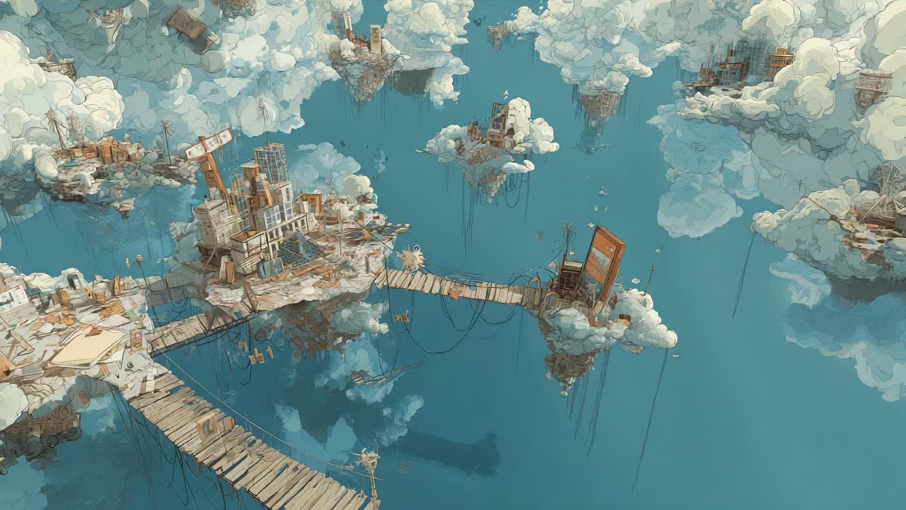 A Surreal Dreamscape Above the Clouds: Explore an Imaginative World Filled with Floating Structures, Artistic Construction, and Ethereal Landscapes that Blend Reality with Fantasy Elements in a Captivating Scene