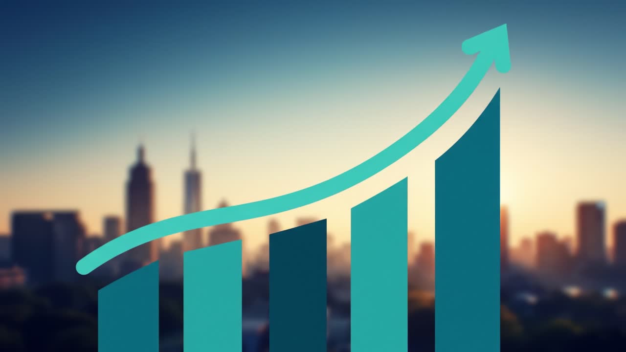 The urban skyline reveals tall buildings under a brightening sky at sunrise, while a graph indicator shows rising trends. This symbolizes growth and development in an economic context.