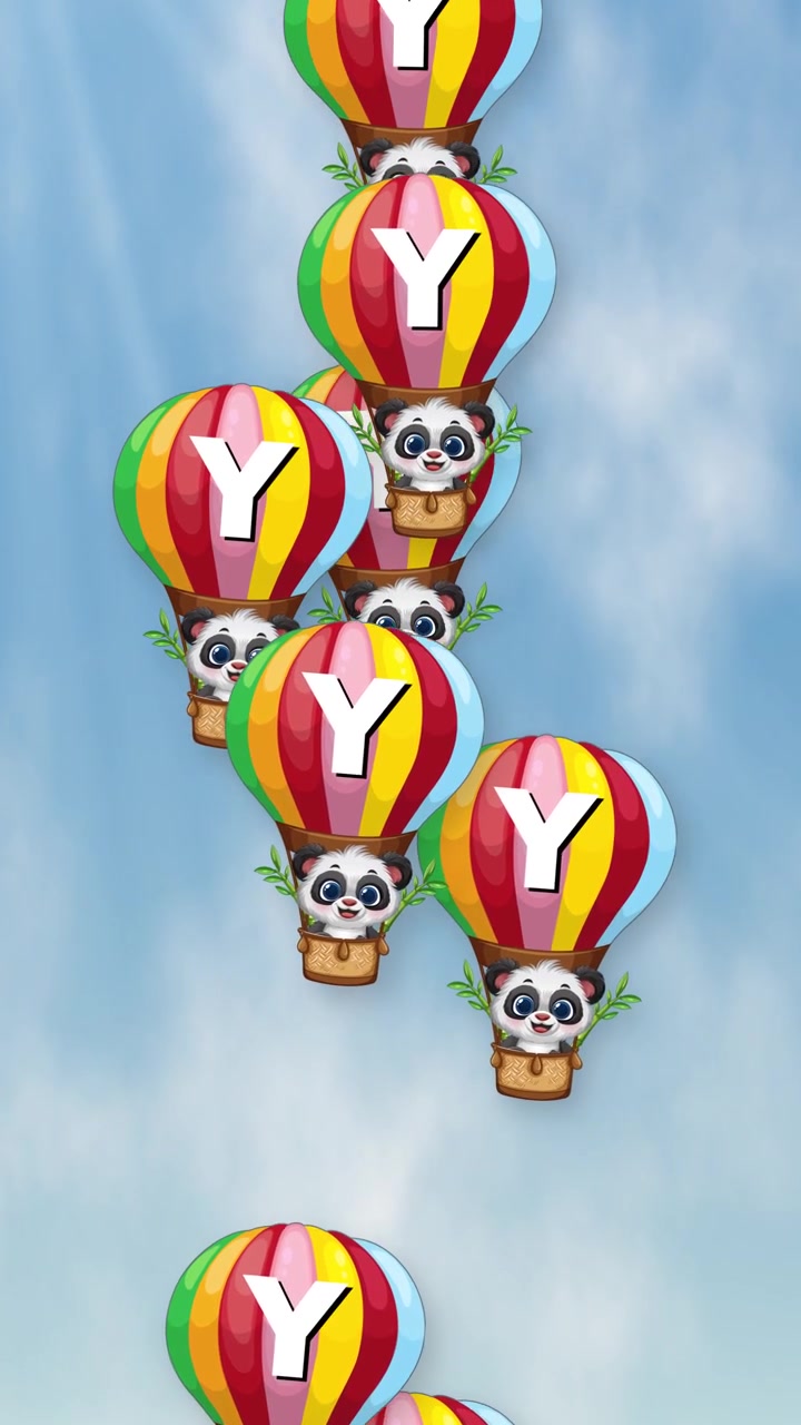 Animated pandas in colorful hot air balloons fall vertically against a bright cloudy sky background.