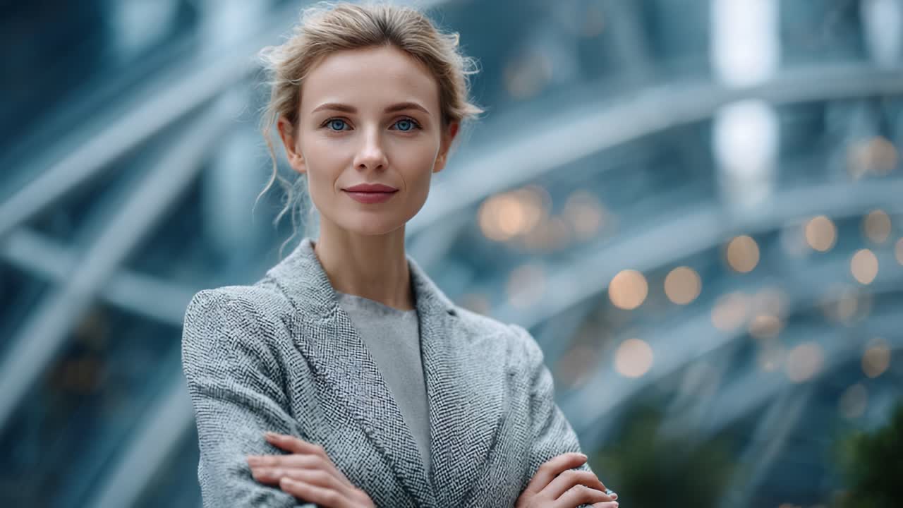 Confident Businesswoman Exuding Professionalism in a Modern Urban Environment with Architectural Elegance and Soft Lighting