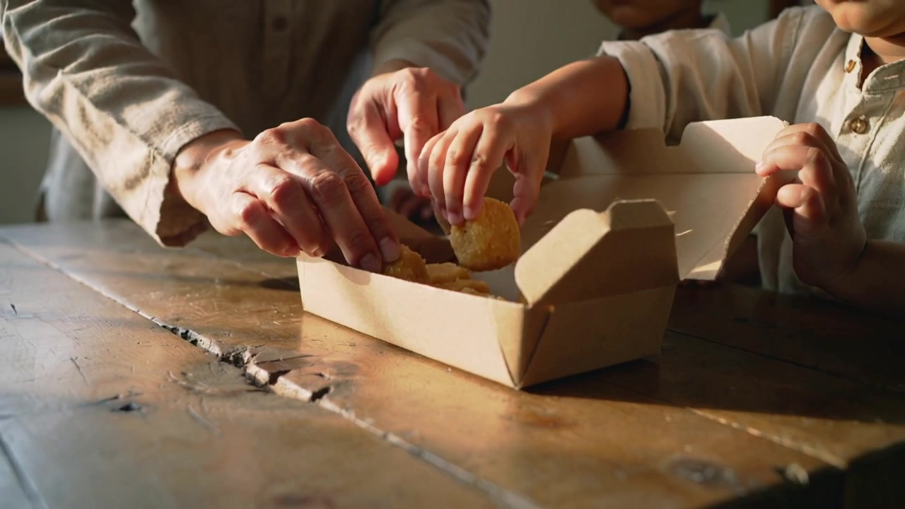 Apertura di una scatola di cartone, genitore e figlio/a che sistemano i pasticcini sul tavolo di casa, condividendo uno spuntino in camicia.