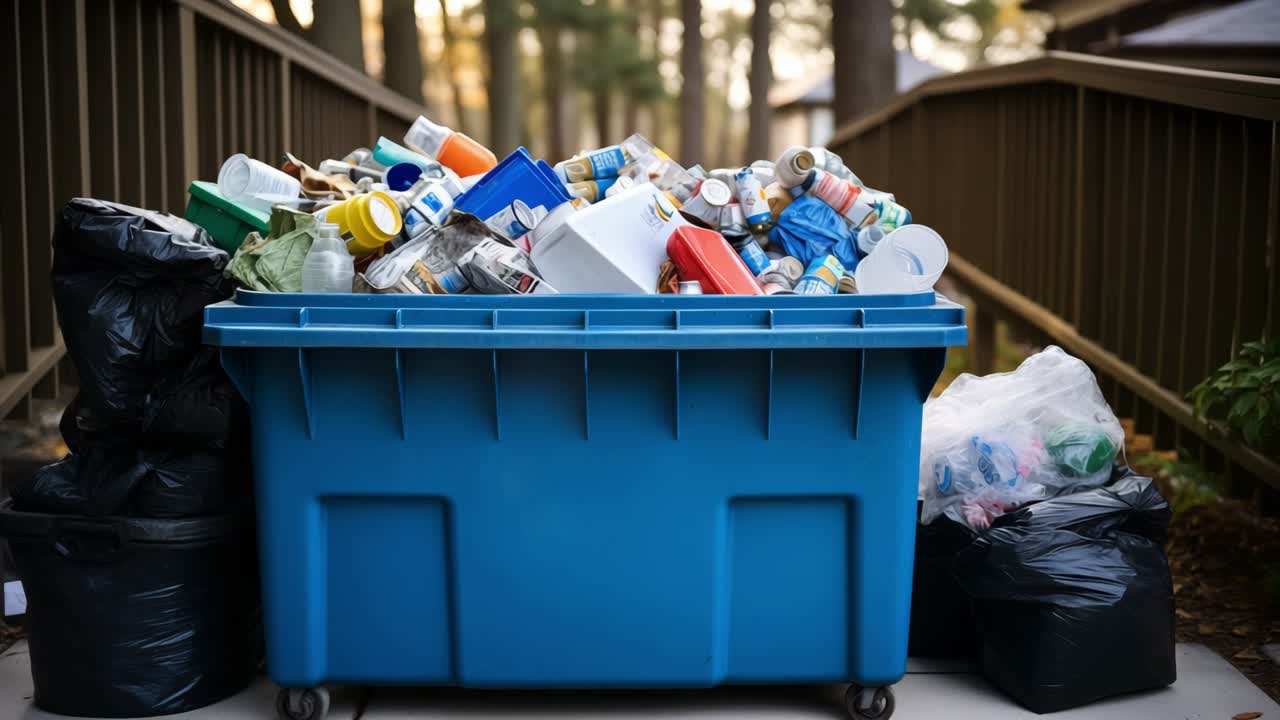 Overflowing Blue Recycling Bin