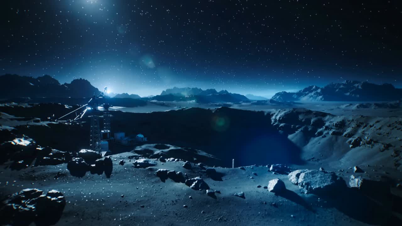 Panning camera surveying small moonlike base cluster at crater rim, with lit dome and tower