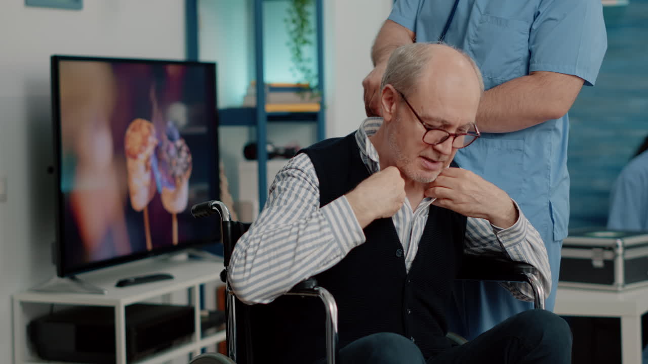 Close up of disabled man receiving checkup from nurse
