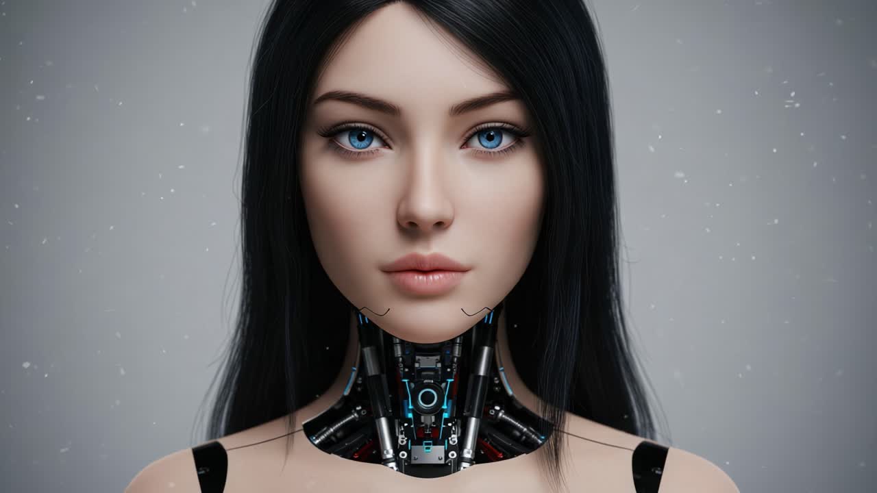Esplorazione della fusione uomo-tecnologia: una prospettiva ravvicinata su un'interfaccia robotica futuristica che fonde caratteristiche biologiche con meccanismi avanzati.