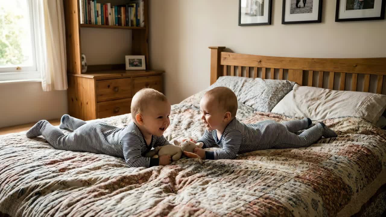 Due neonati felici che giocano nel letto