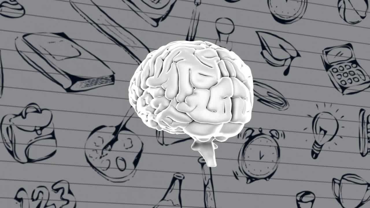 cerebro girando contra los iconos del concepto de la escuela en papel de línea blanca