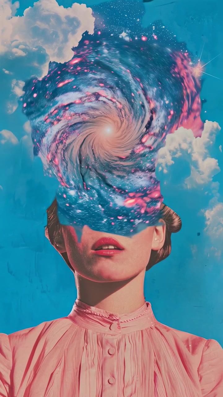 Animación de Collage Surrealista de Mujer con Cabeza de Galaxia Giratoria