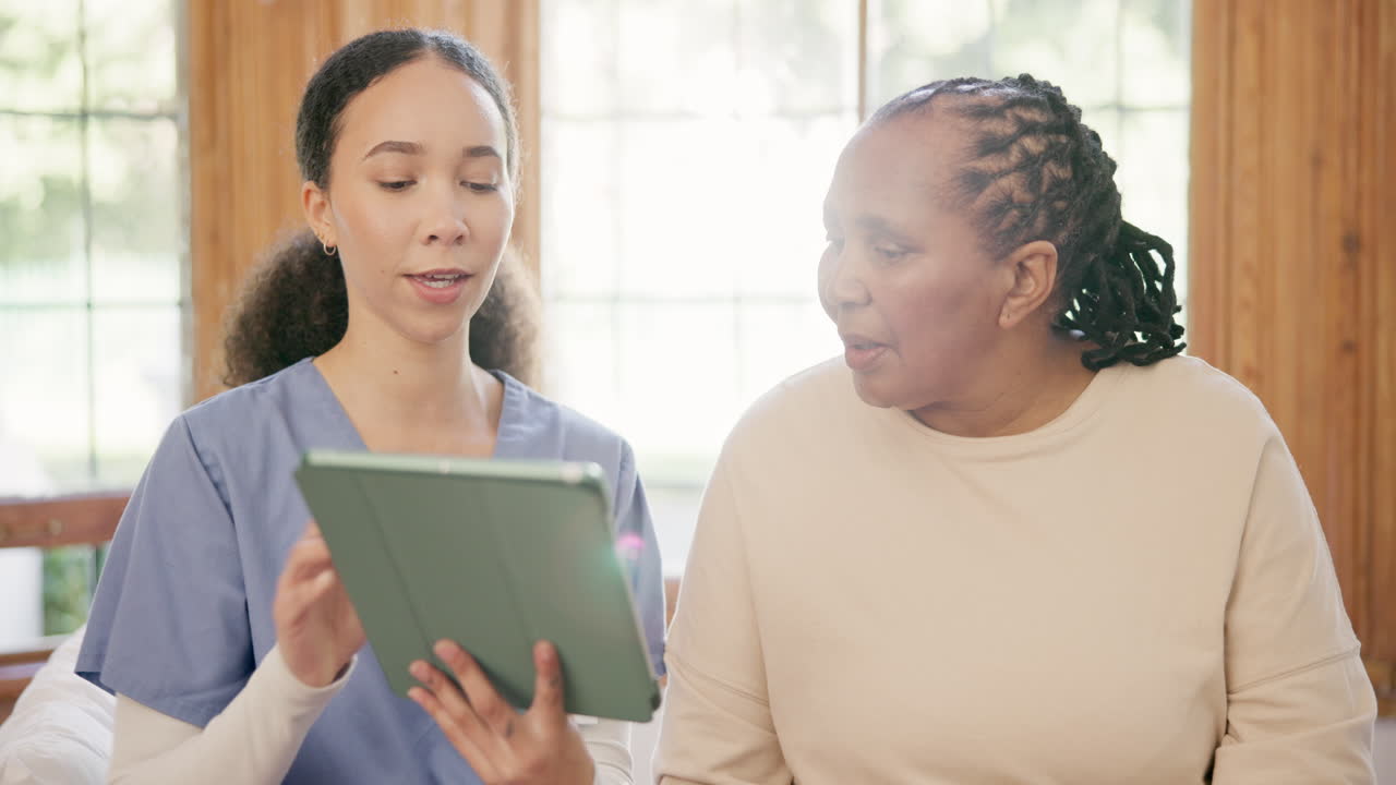 Home, senior woman and nurse with a tablet