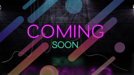 animation of coming soon text over colorful shapes on black background