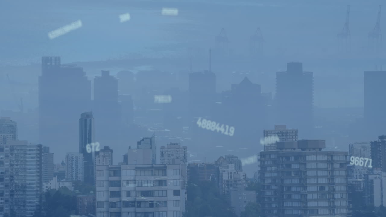 도시 풍경의 공중 풍경에 반하여 떨어지는 여러 개의 변화하는 숫자의 애니메이션