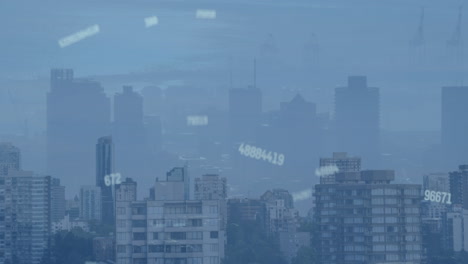 도시 풍경의 공중 풍경에 반하여 떨어지는 여러 개의 변화하는 숫자의 애니메이션
