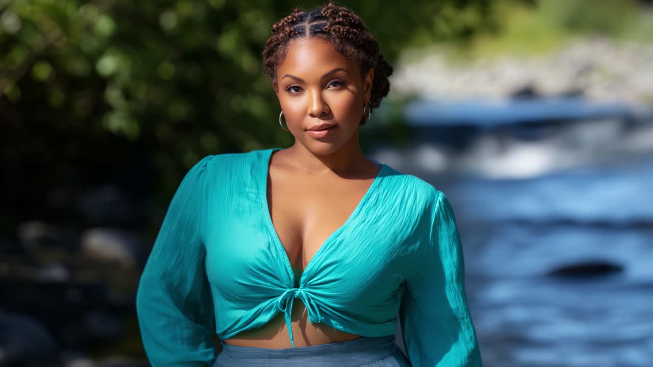 A confident young woman poses gracefully near a serene flowing river, radiating beauty and charm, dressed in a stylish turquoise top and showcasing her confidence