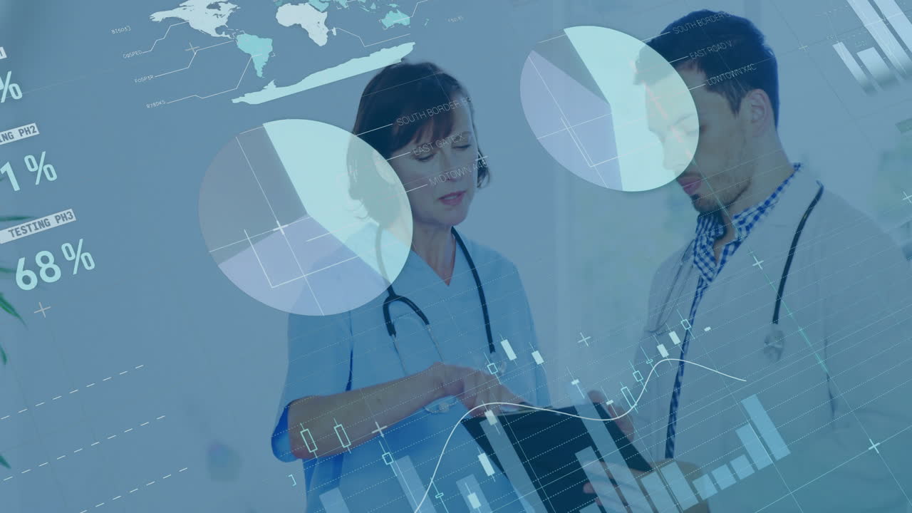 데이터 처리의 애니메이션과 백인 의사들이 병원에서 이야기하는 다이어그램