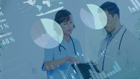 animation of data processing and diagrams over caucasian doctors talking in hospital