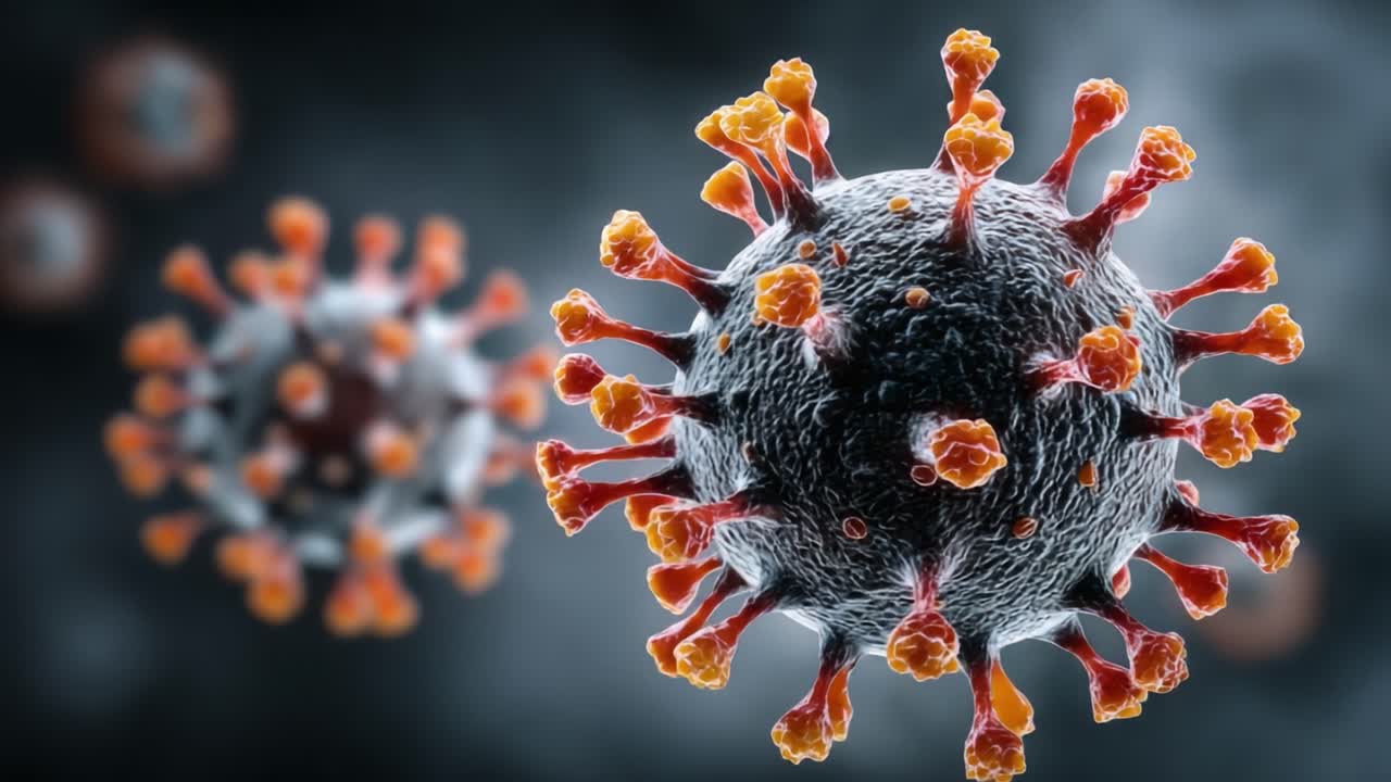 Visualizzazione Dettagliata della Struttura Virale: Esame Microscopico di un Virus con Spicole Prominenti e Caratteristiche Uniche su uno Sfondo Scuro.