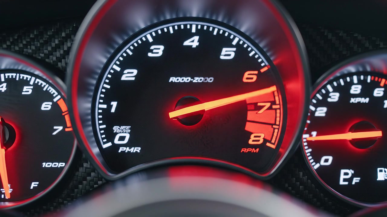 Illuminated high performance sports car tachometer on carbon fiber dashboard