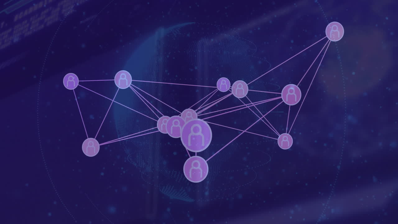 Animation of network of connections with people icons over globe