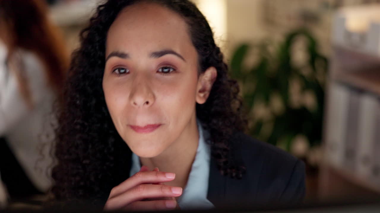 Computer, thinking and business woman reading