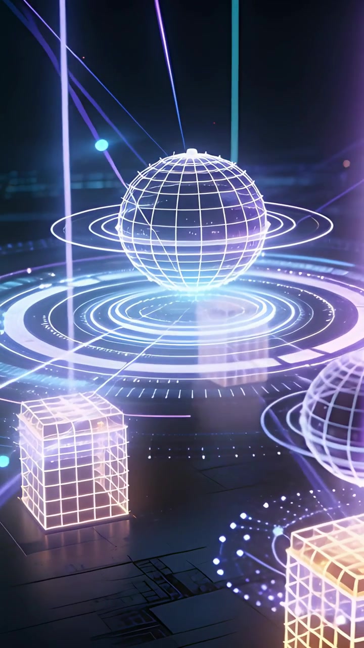 Vertikal video: Pulserende sentral wireframe-globus stråler på holografiske ringer ved gulvet, mens pulser synkroniserer kuber.