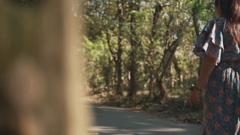 a dolly shot revealing the back of an attractive caucasian female as she walks alone down a forest road surrounded by trees on a beautiful summers day, india