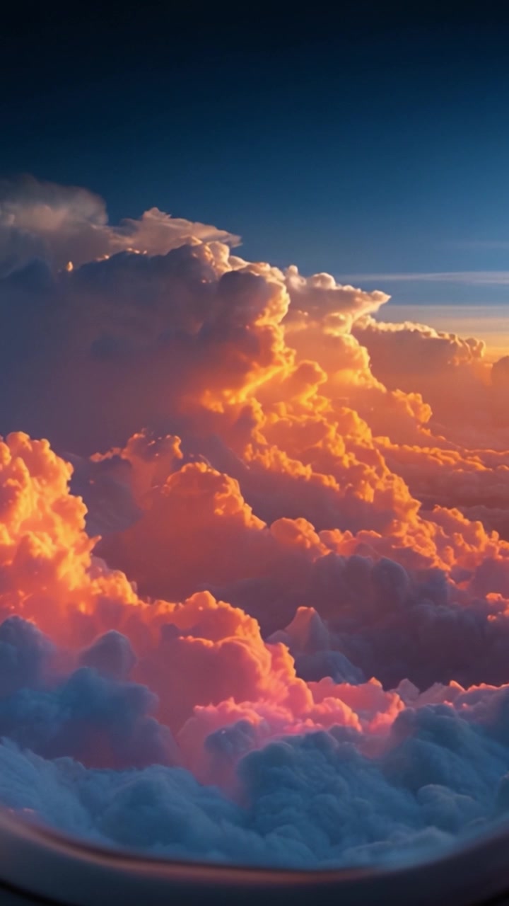 A breathtaking view of colorful sunset clouds from an airplane window, showcasing vibrant shades of orange and pink blending into the evening sky.