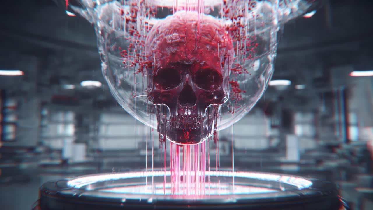 A captivating digital art depiction of a translucent skull suspended in a futuristic chamber, featuring vivid red liquid streaming down, creating an eerie yet mesmerizing visual experience