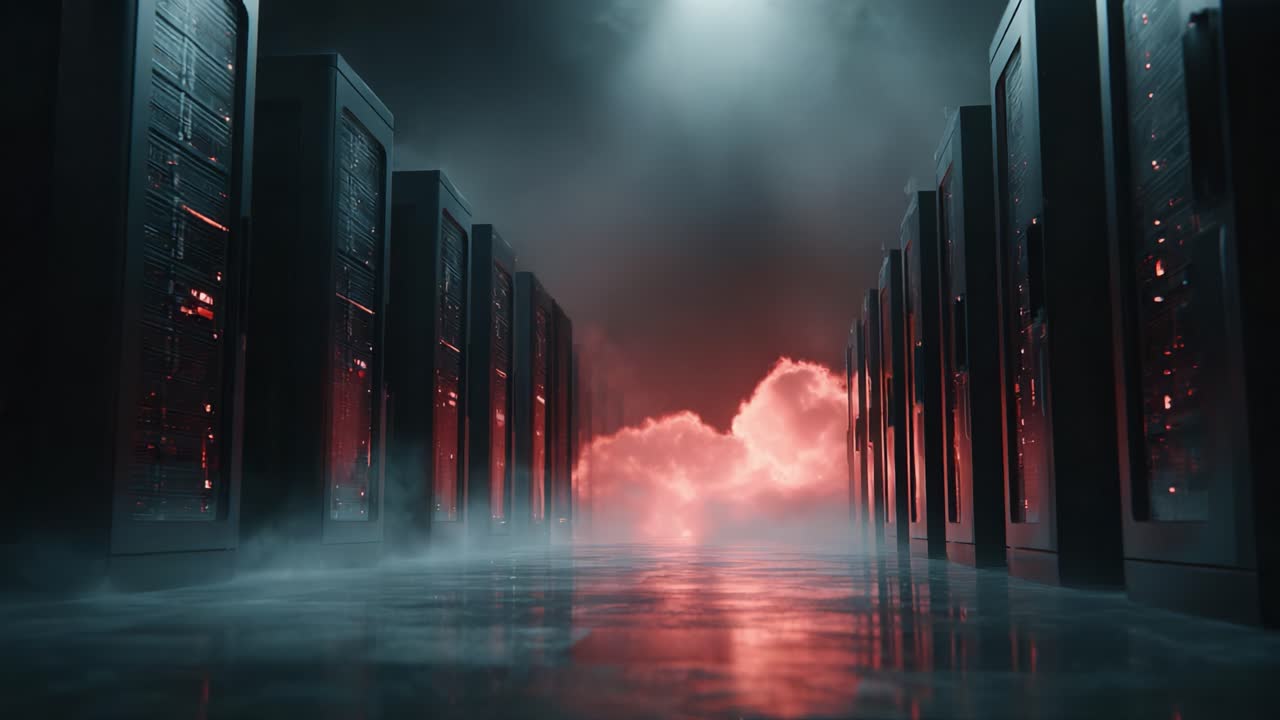 A Captivating Glimpse into the Heart of a Modern Data Center, Illuminated by Dramatic Lighting and Enveloped in Ethereal Cloud-Like Atmosphere