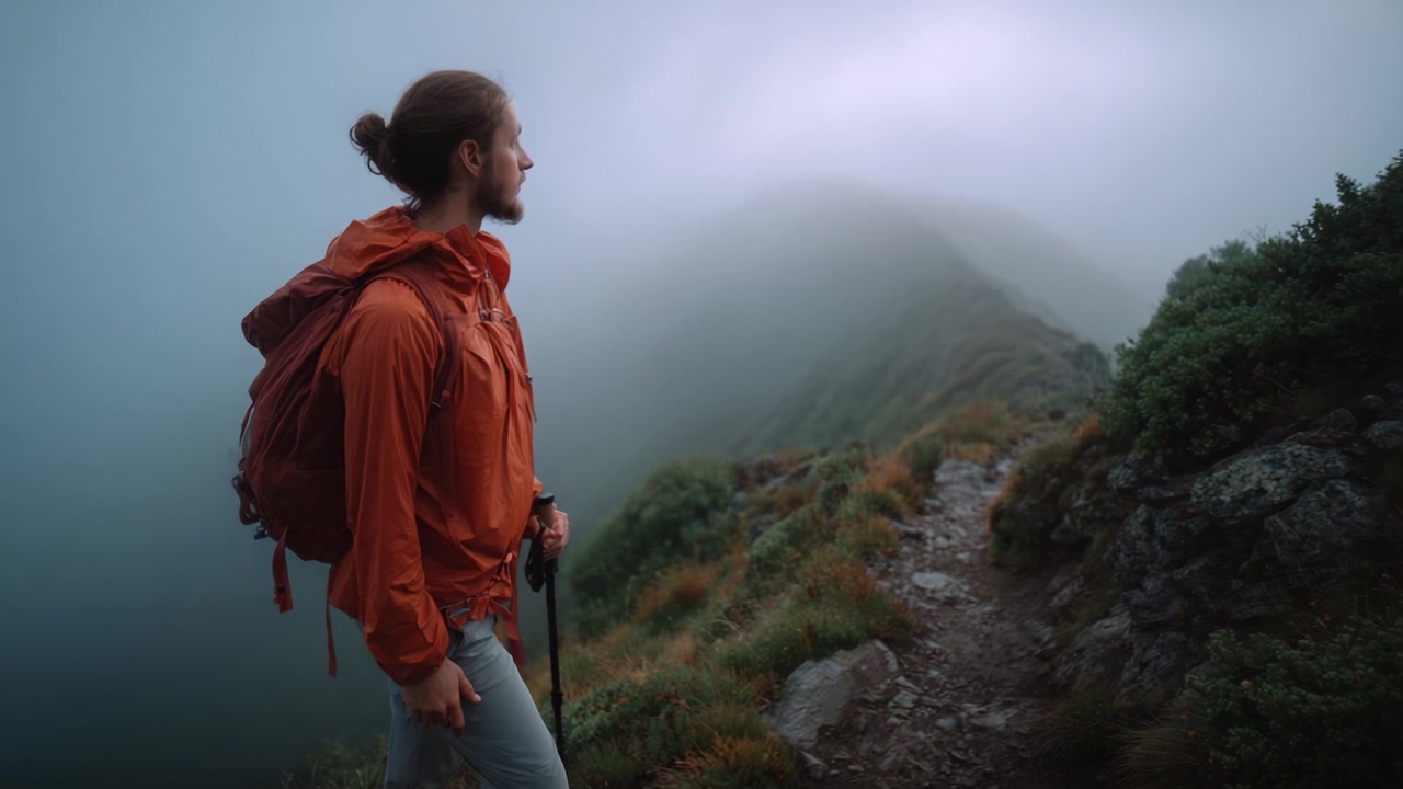 A solitary figure in an orange jacket admires a hazy, fog-shrouded landscape from a mountain trail, embodying adventure and the spirit of exploration.