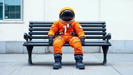 a man in an orange space suit sitting on a bench