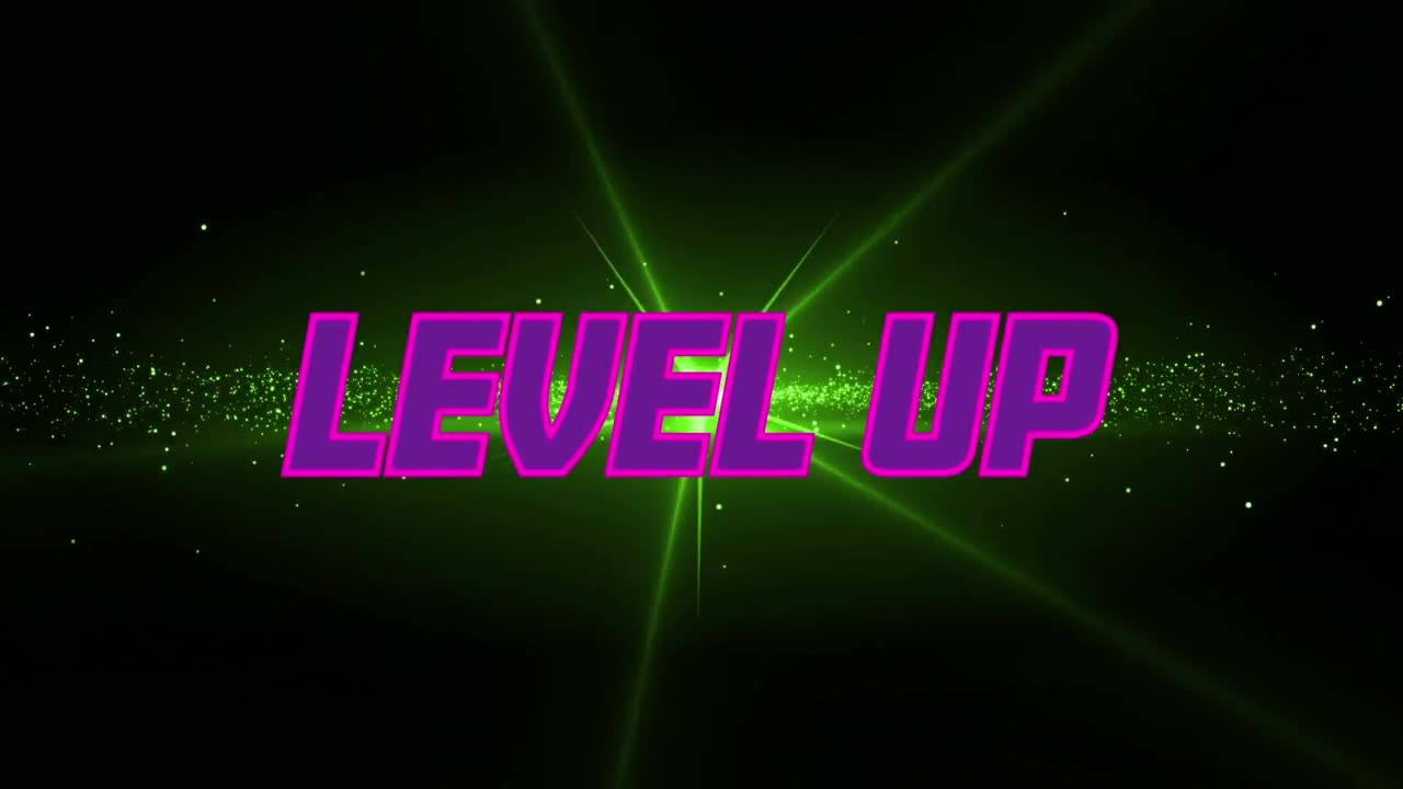 Digital animation of purple level up text against green shining star on black background