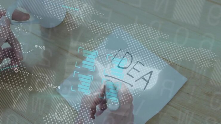 Superposiciones digitales parpadeando después de que una mano agarra y levanta una taza, luego escribiendo IDEA con un marcador para generar ideas