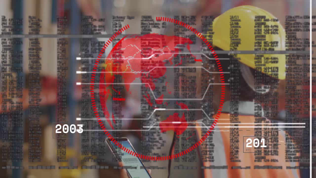 Warehouse woman tapping phone, generating red globe and timeline while coordinating inventory