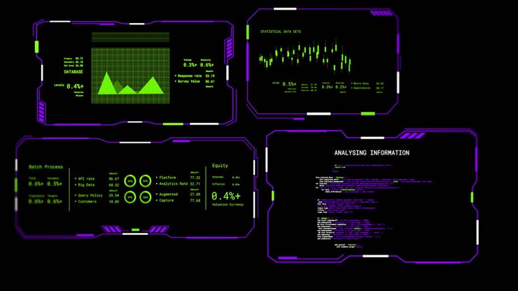 Animation of digital data processing on screens over black background