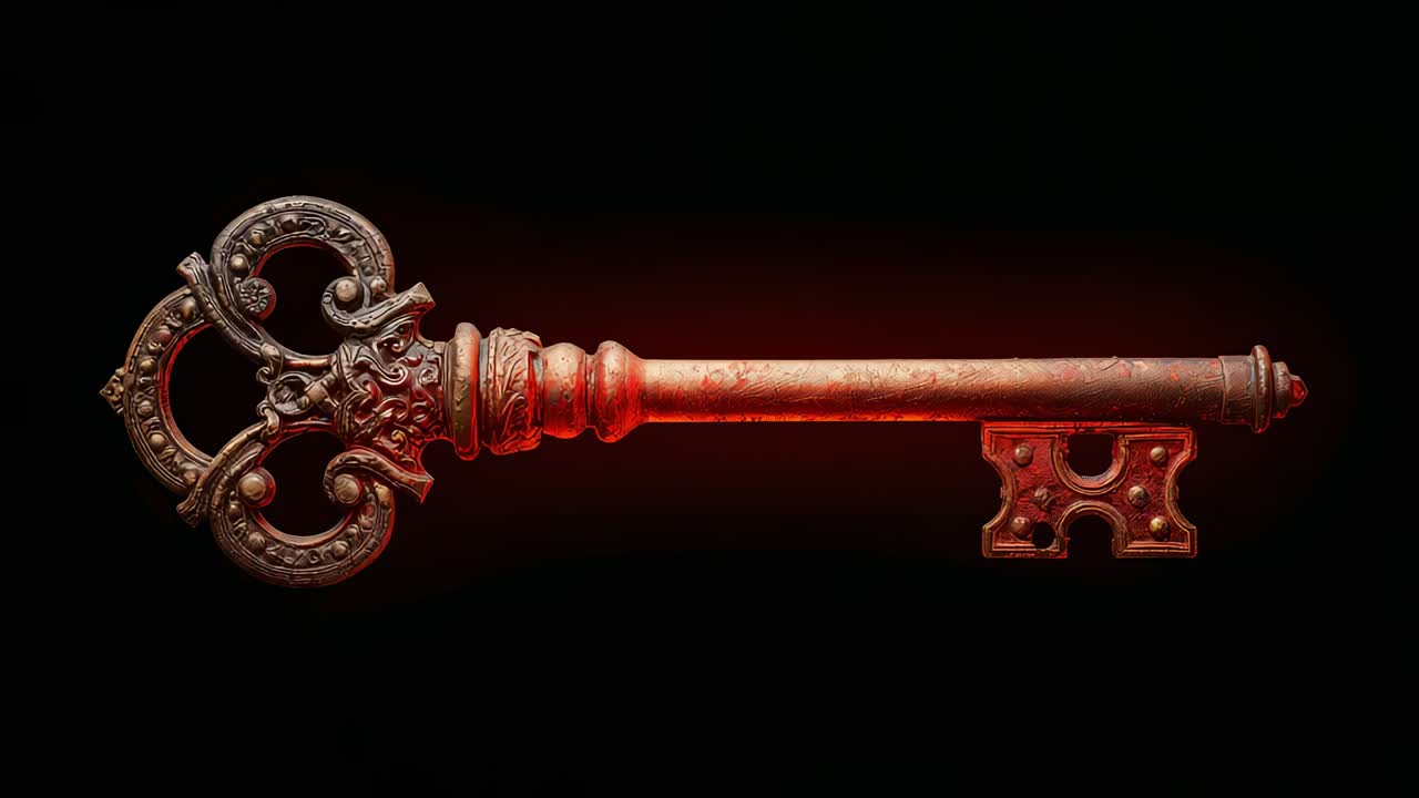 Luce rossa intensa che rivela una chiave scheletrica decorata su sfondo nero, mostrando filigrana e graffi