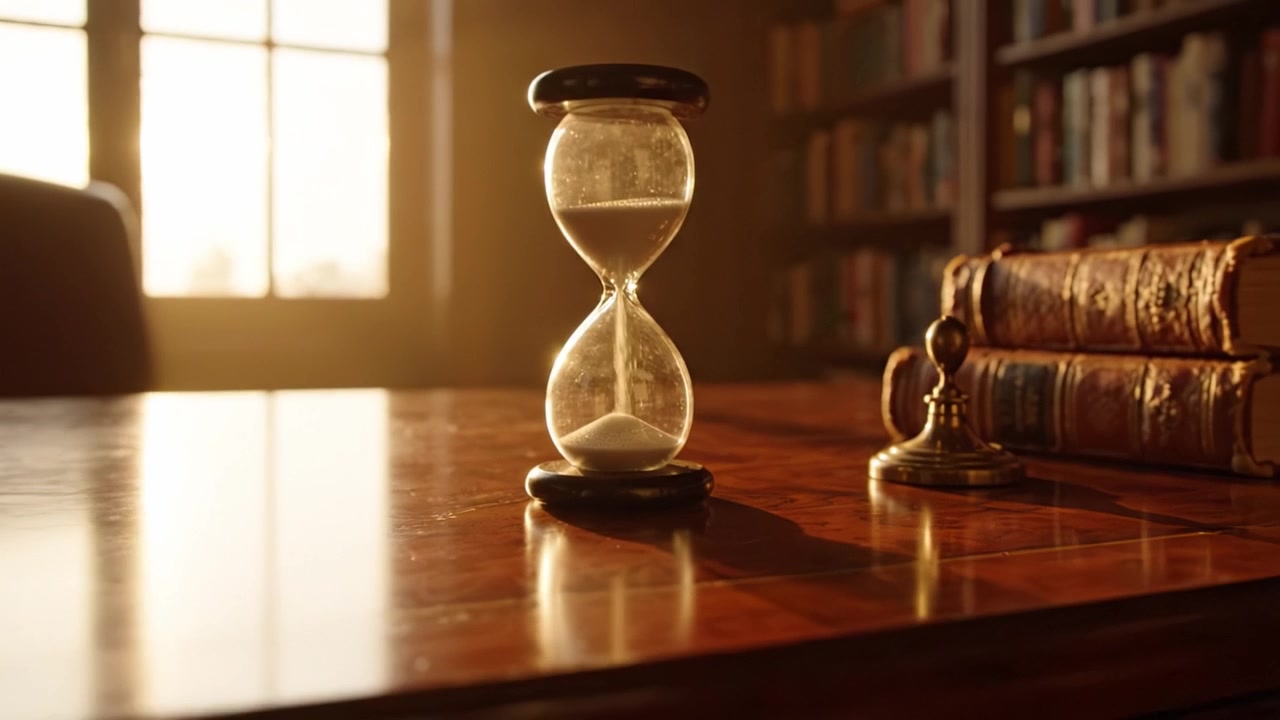 An Elegant Hourglass Capturing Time's Passage in a Sunlit Library, Surrounded by Books and a Vintage Decorative Piece