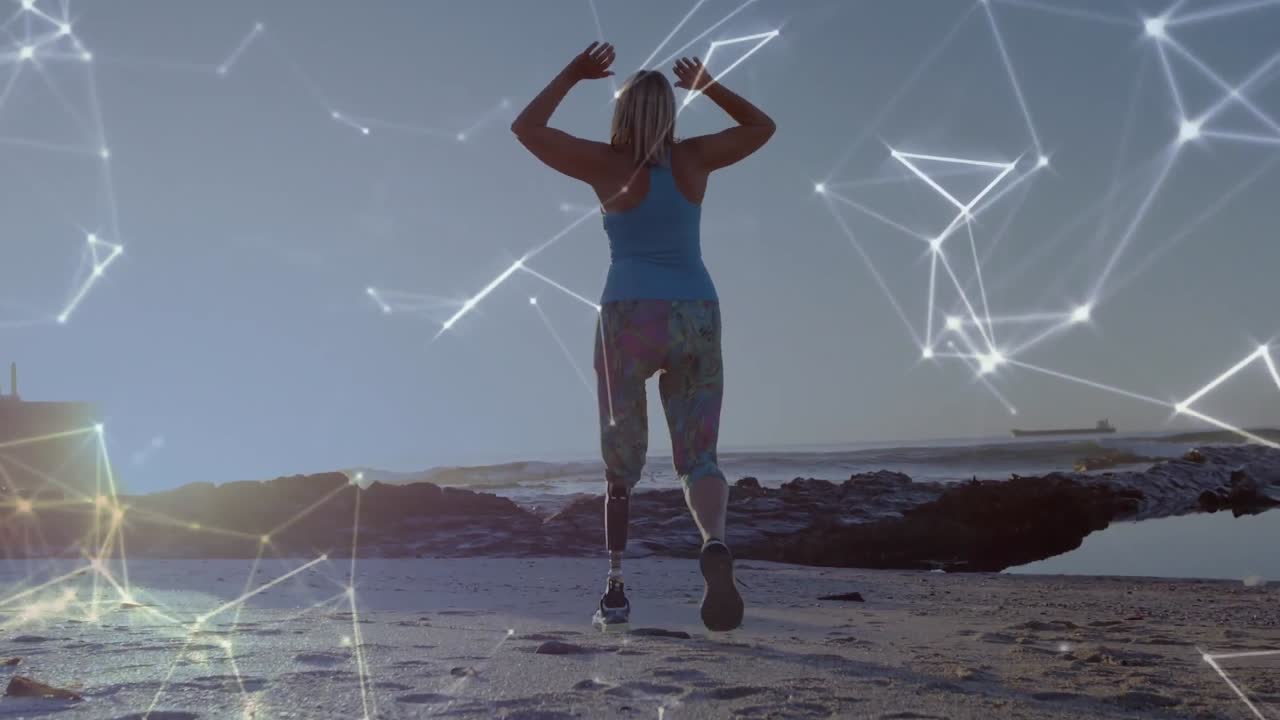 animación del procesamiento de datos con una atleta discapacitada con prótesis de pierna haciendo ejercicio en el fondo
